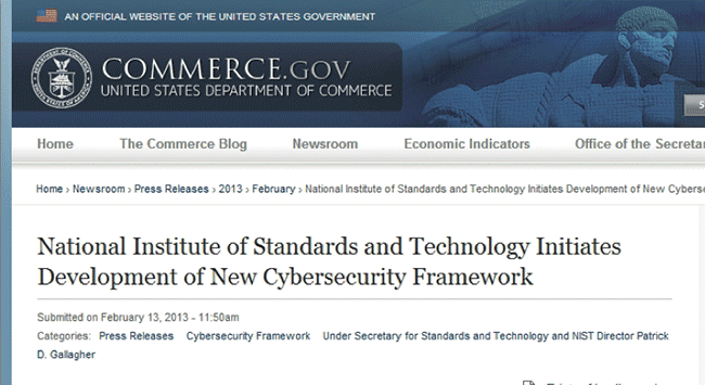 図2  「NISTのフレームワーク開発開始」を報じる商務省のプレスリリース