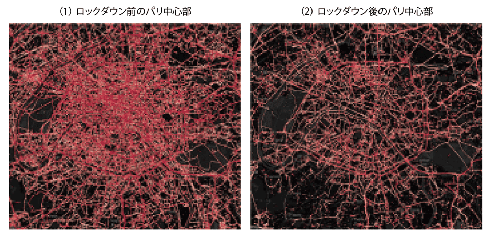 図2　ロックダウン前後2週間のパリ中心部のモバイルネットワークユーザー密度の変化