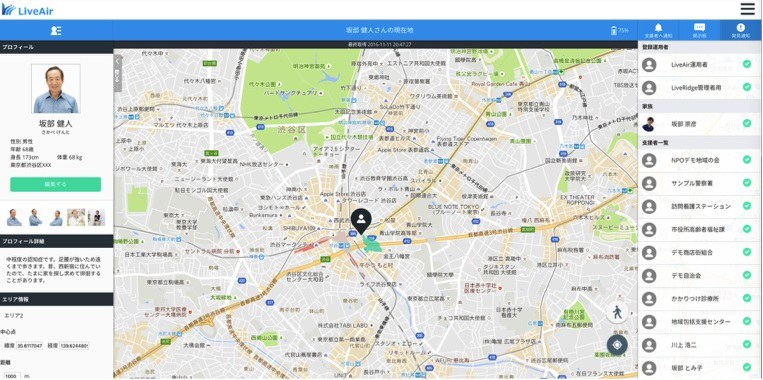 図　LiveAirのWebサイトの画面。どの人がどこにいるかがすぐに分かる