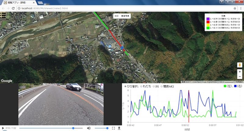 図　今回開発したシステムで、路面に異常があると検知したところを空撮画像に重ねて表示したところ