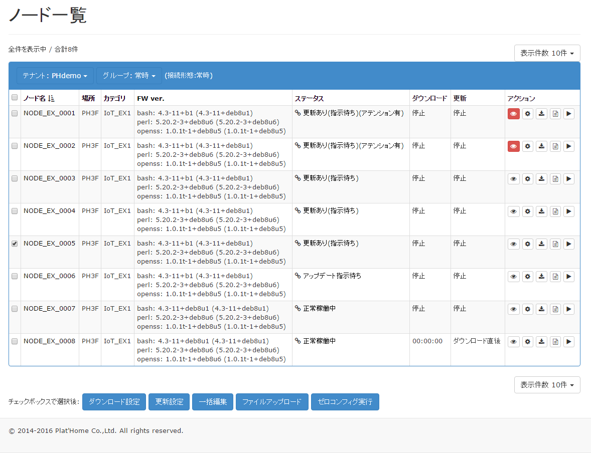 図　AirManage for IoTのサーバーにWebブラウザでアクセスしたところ。管理下にあるすべてのOpenBlocks IoTシリーズの稼働状況を確認できる