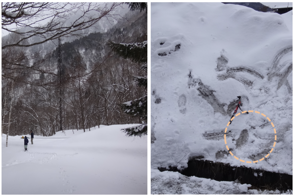 図　実験の場となった長野県大町市の冬の様子（左）。右写真の点線で丸く囲んだところにはLoRaWAN発信機などが埋もれている