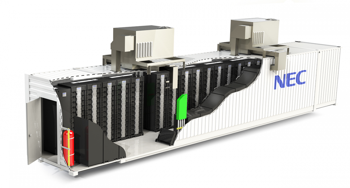 図　NEC Energy Solutions社の「GRID STORAGE SOLUTION（GSS）」。物流コンテナに蓄電池システムとして必要なものを詰め込む