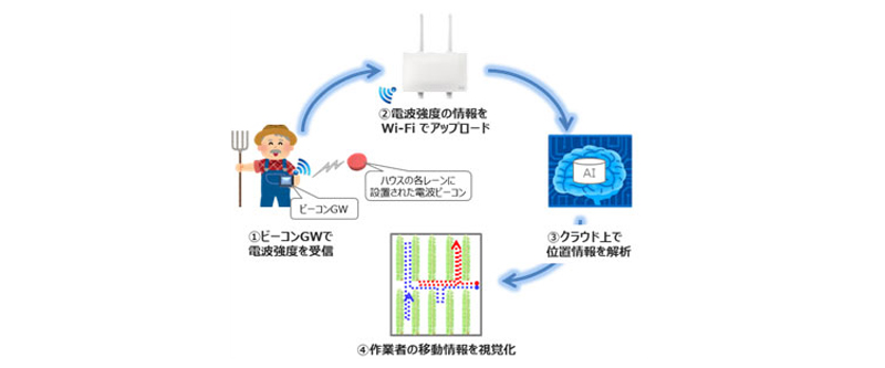 図　ビーコンの電波強度などをAIで解析して、農作業者の位置と動きを推定する