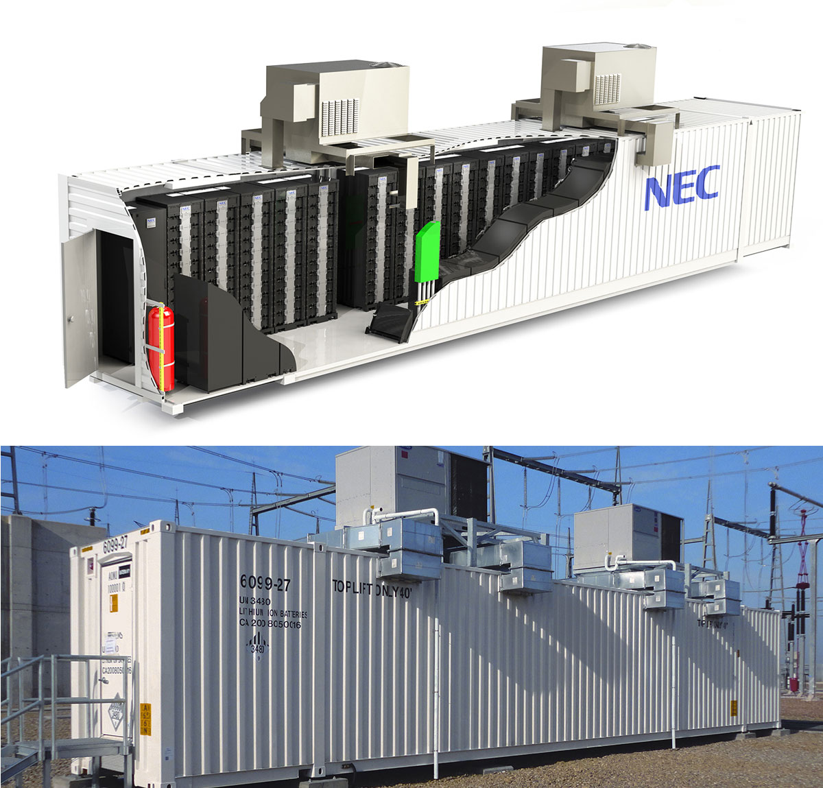 図　NEC Energy Solutions社の「GRID STORAGE SOLUTION（GSS）」。物流コンテナに蓄電池システムとして必要なものを詰め込む（上）。下は実際に現場に設置したGSS