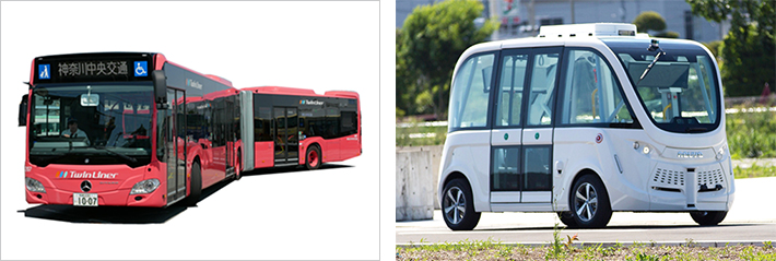 図　神奈川中央交通が運行する2両編成バス「ツインライナー」（左）と、SBドライブが保有する自動運転バス「NAVYA ARMA（ナビヤ アルマ）」