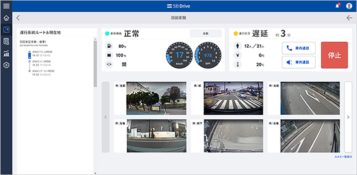 図　SBドライブが開発している遠隔運行管理システム「Dispatcher」の画面。車両周囲の画像や遅延状況をひと目で把握できる
