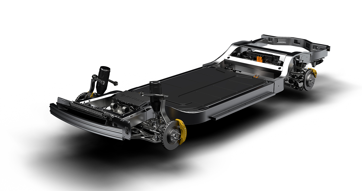 図　Rivian Automotiveが開発した共通車台「Skateboard Platform」底部にリチウムイオン蓄電池をびっしり敷き詰めている