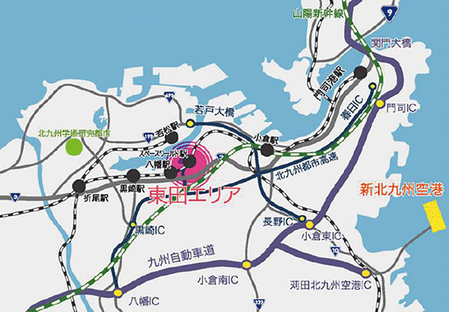 図1  北九州スマートコミュニティ創造事業：北九州市の東田エリアの位置