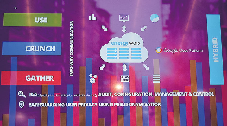 ▲Googleは、同社のクラウドサービス「Google Cloud Platform」と、オランダを拠点とするEnergyworx Solutions & Services社が提供するスマートメーターからのデータを集積し分析するサービス「energyworx」が連携したソリューションを展示。将来的にスマートメーターの数が増え、収集するデータ容量が増加した場合にも、Google Cloud Platformを利用することで、柔軟にデータの蓄積容量を増やすことができる。energyworxはAPIも公開しており、企業が自社の提供したいサービスに合わせて、取得するデータの種類と分析方法をカスタマイズした独自のアプリケーションを作成できる。