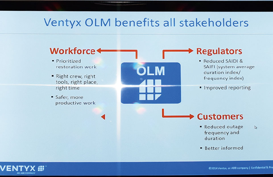 ▲ 電力制御技術とオートメーション技術の開発企業であるABB（エービービー）の子会社のVentyx（ベンティックス）は、停電ライフサイクル管理（OLM：Outage Lifecycle Management）ソフトウェアを展示。リアルタイムの電力網のデータを取得し分析することで、天災などによる停電の被害を最小に抑えることが可能となる。同製品は、European Utility Week 2014の出展企業の中で、最優秀サービスに選ばれた。