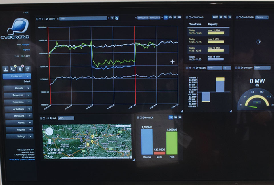 ▲ 東芝の子会社で、電力会社向けにデマンドレスポンス（DR）システムを提供しているcyberGRID（サイバーグリッド）は、VPP（Virtual Power Plant）ソリューションを展示。同ソリューションでは、工場やビルなどの分散電源の電力供給能力と、需要家側の電力削減可能な消費電力（ネガワット）を一括して遠隔管理することが可能で、仮想的に単一の発電設備のように電力需給量を調整することができる。