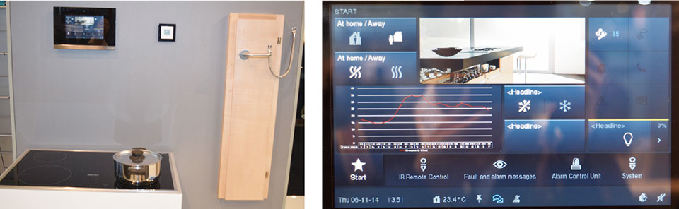 ▲ Busch-Jaeger社は、KNXとEEBus（電力供給者から住宅への通信規格）を利用したスマートホームソリューションのデモを展示。写真右のコントロールパネルで、家庭内のさまざまな機器の制御が可能になっている。