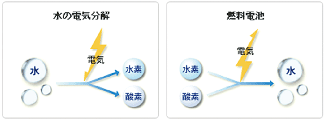 図1　水の電気分解と燃料電池の仕組み