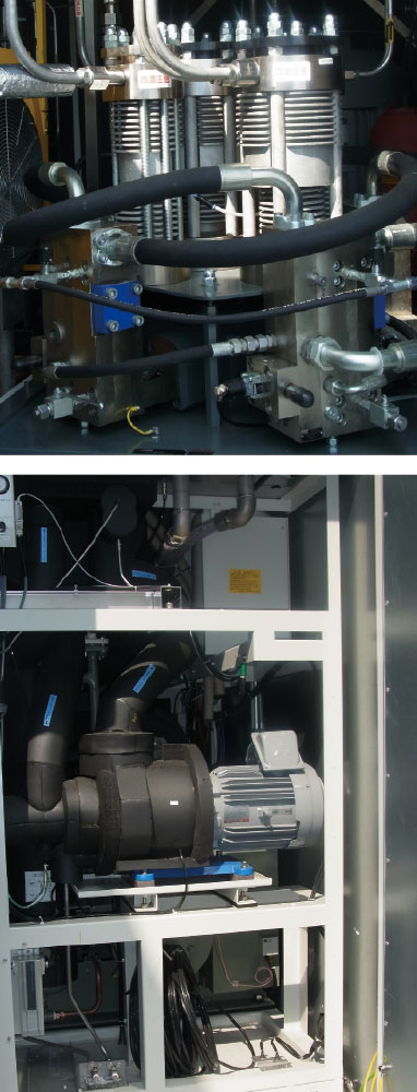 （上）水素圧縮機ユニット「IC90」内の水素圧縮機（下）水素圧縮機ユニット「IC90」内の冷凍機（プレクーラー）