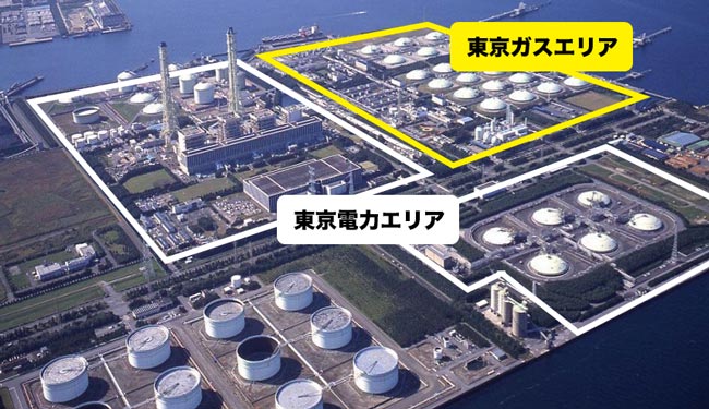 写真1　東京電力・袖ケ浦火力発電所の全景（東京ガスも含めたLNGタンクが並ぶ）2本の煙突の手前の建屋：右から左へ、1号機、2号機、3号機、4号機と並んでいる。
