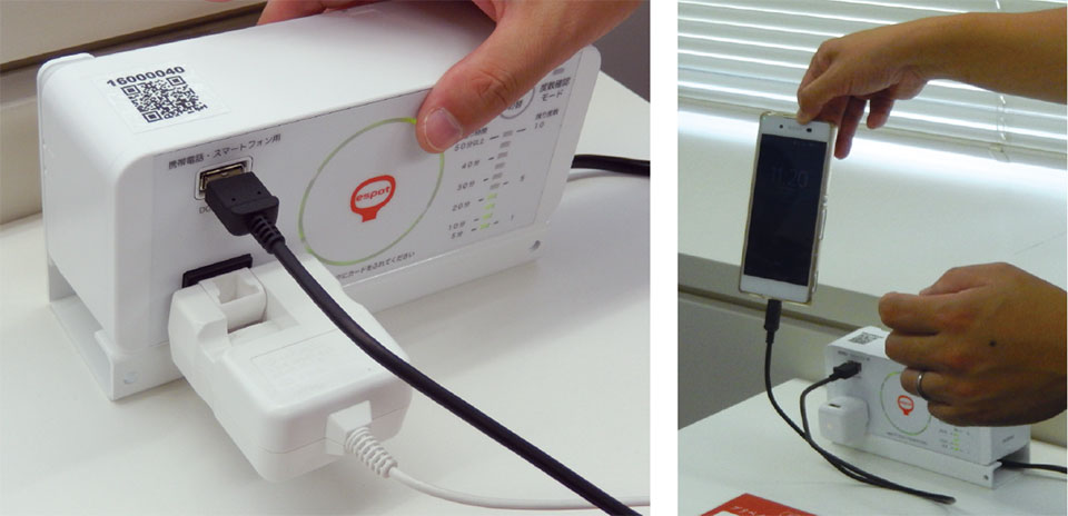 写真3　認証型コンセントからの充電：USBプラグ（上）でスマホを、交流100Vプラグ（下）でパソコンなどの充電を同時に充電可能。写真右はスマホ充電の例