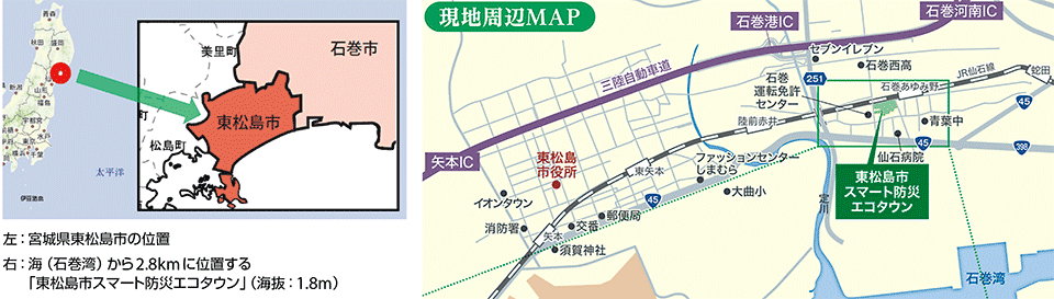 図1　宮城県東松島市と「東松島市スマート防災エコタウン」の位置