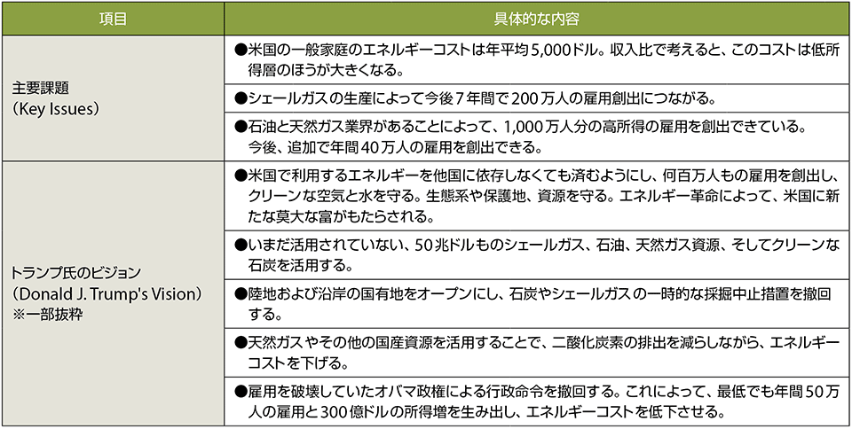 表2　トランプ次期政権による具体的なエネルギー関連政策