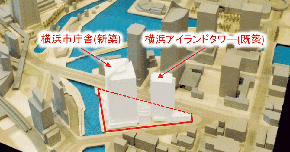 図12　横浜市庁舎（新築）の完成イメージ（右は既築の横浜アイランドタワー）