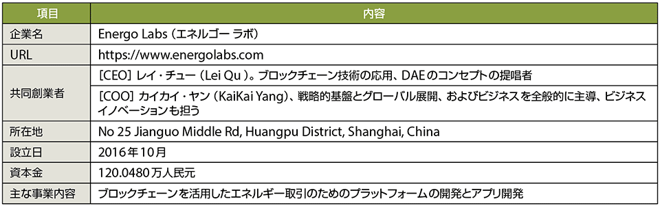 表1　Energo Labs（エネルゴー ラボ）のプロフィール