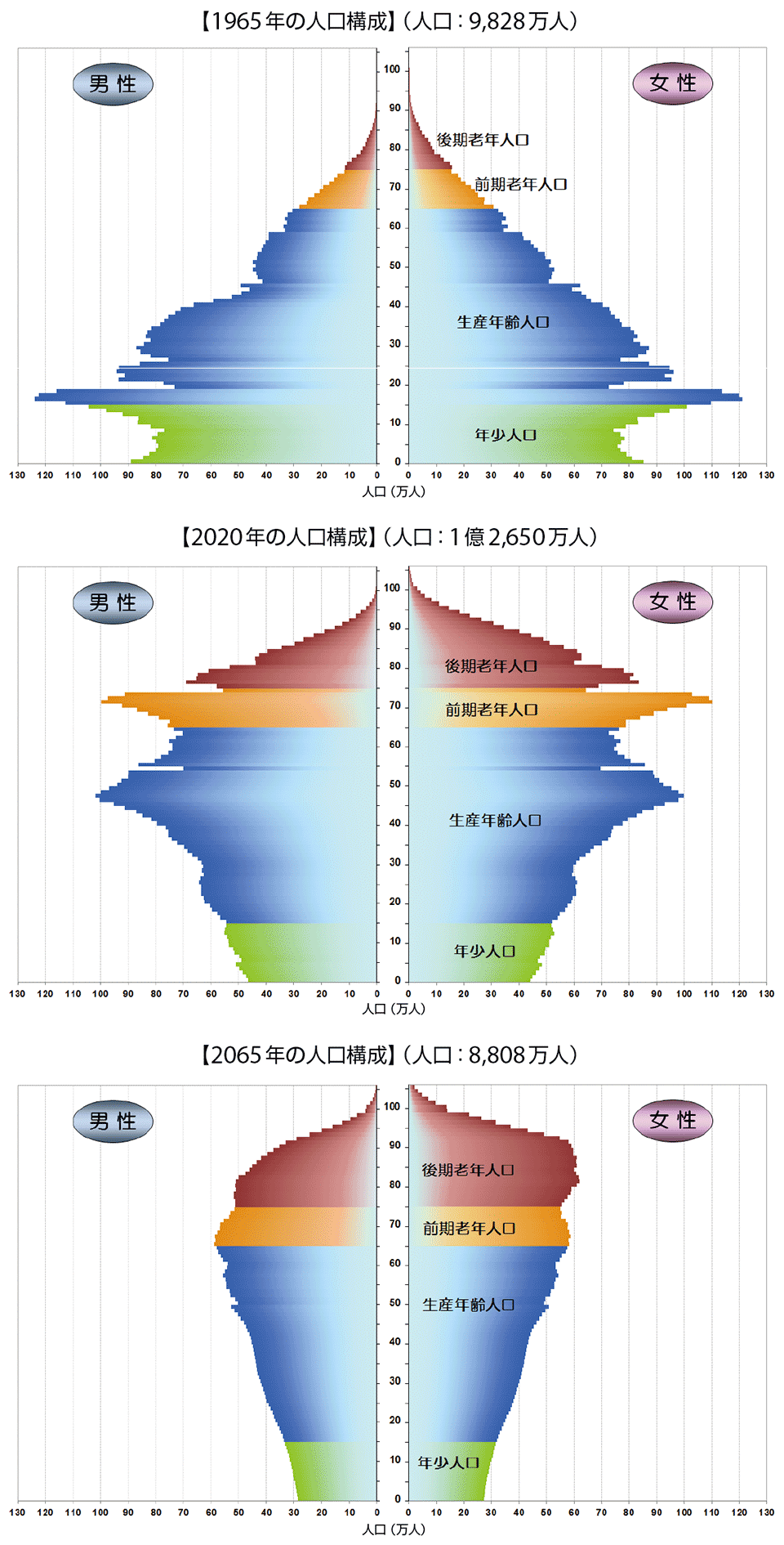 図4　1965年〜2065年の100年間の日本の人口構成の推移（人口ピラミッドの推移）：後期老齢・前期老齢が急速に増加していることがわかる