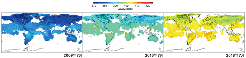図2　GOSATによる世界のCO2濃度分布観測結果（図の左から右へCO2濃度が増加し続けていることがわかる）