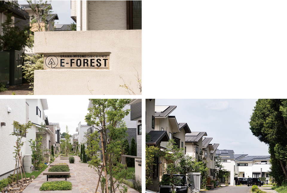 写真9　「浦和美園E-フォレスト第3期」の入り口の標識（左上）、コモンスペース（左下）、街区外側からの外観（右下）