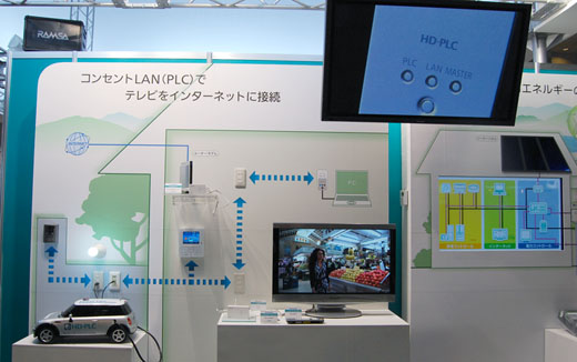 写真9　インターネット対応デジタルテレビと室内のルータの間をPLCで接続し、テレビでインターネット上のビデオ映像サービスを楽しむことができる「HD-PLC」の活用事例