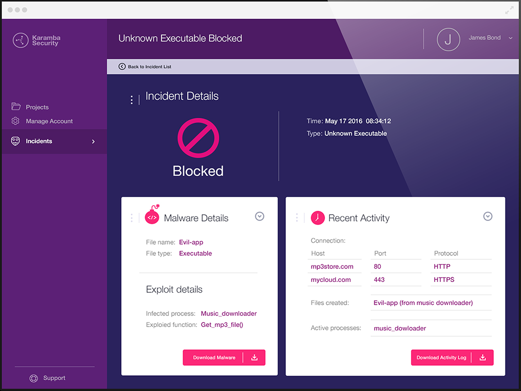 図　CarwallとIoTwallの管理画面。マルウェアの動作を止めたときの状況を表示している。Karamba Security社が定めた手順で機器にアクセスすることで、この画面を見ることができる