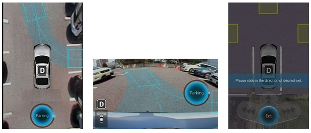 図　駐車/出庫動作中にスマートフォンが表示する画面。左から俯瞰した画面、運転者視点の画面、出庫位置を指定する画面