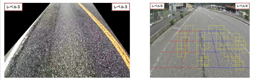 図　わだち掘れ（左）と、ひび割れ（右）を検出したところのイメージ