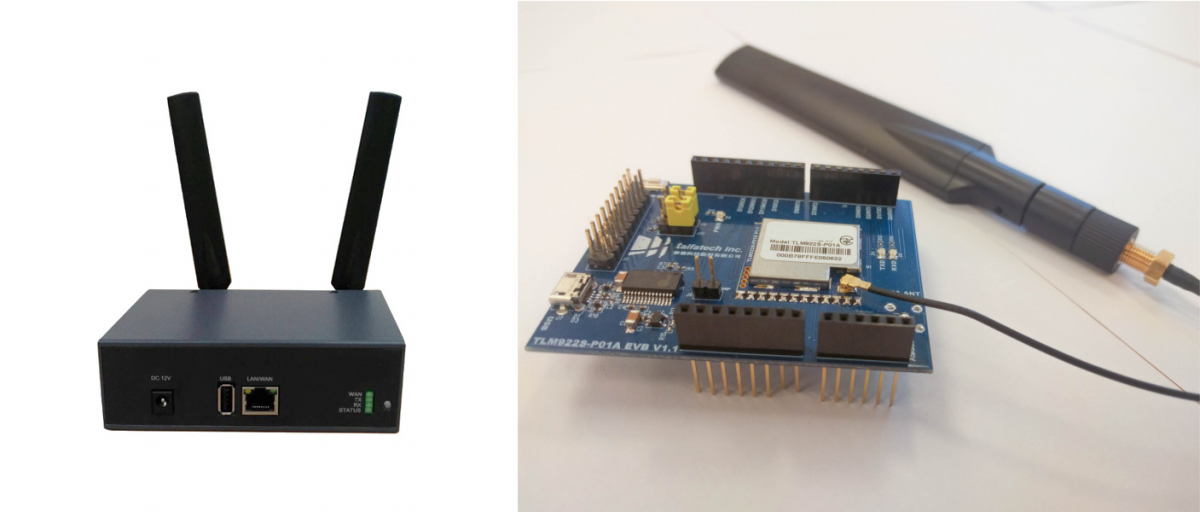 図　LoRaWANのゲートウェイ（左）と、Arduino開発シールド（右）