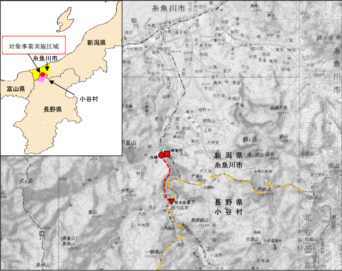 図　取水地点と発電所の位置。間に高台があることが確認できる