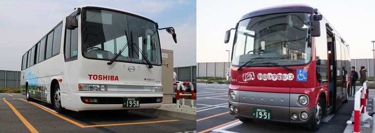 図　実験で使用した中型バス（左）と小型バス（右）
