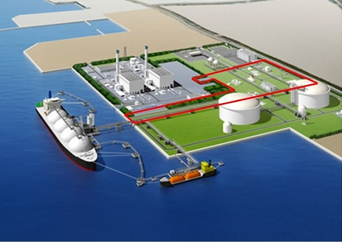 図　相馬港のLNG火力発電所とLNG基地の完成予想図。赤枠で囲んであるところがJFEエンジニアリングが受注した部分