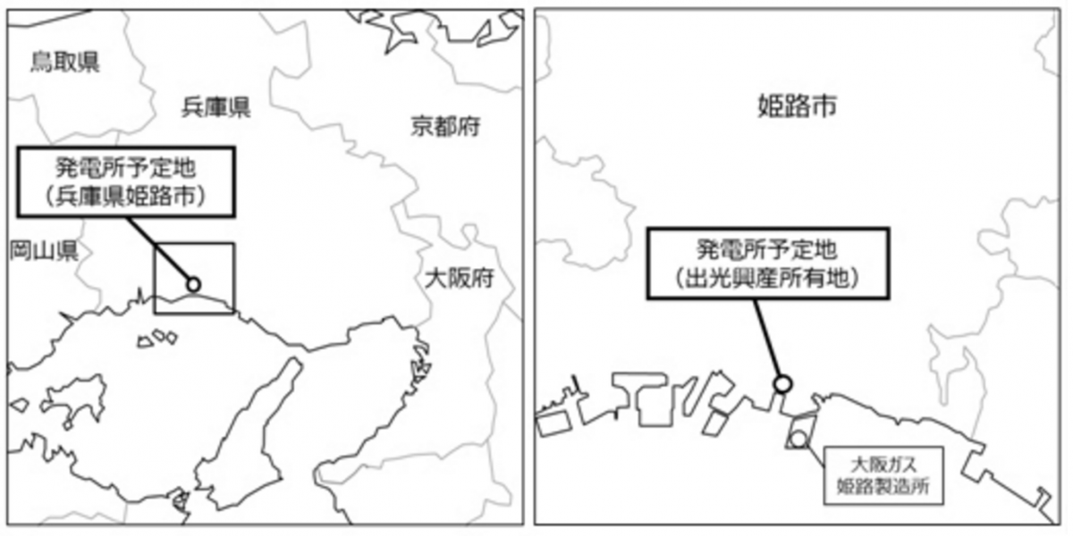 図　火力発電所の建設予定地。左が広域図で右が拡大図