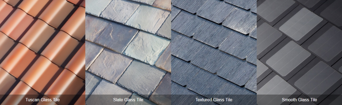 図　4種類のSolar Roof。左から「Tuscan Glass Tile」「Slate Glass Tile」「Textured Glass Tile」「Smooth Glass Tile」。真上から見ると太陽電池セルが見えるが、地面から見上げると屋根瓦にしか見えない