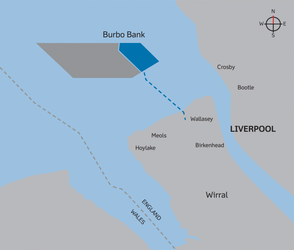 図　Burbo Bank Offshore Windfarmの位置。マージー川の河口近く、Wallasey（ウォラシー）の町からおよそ7.2kmの洋上にある