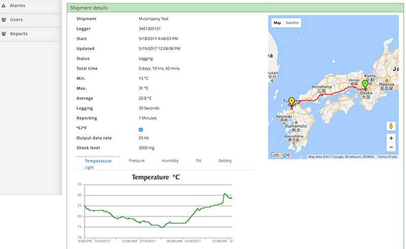 図　クラウドのサーバーにアクセスして管理画面を開けると、センサーが検知した値の推移や、荷物が通ってきたと考えられるルートを確認できる