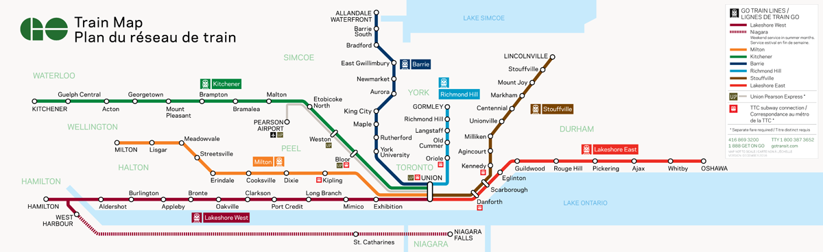 図　Go Trainの路線図。Union駅から放射状に7本の路線が走っている