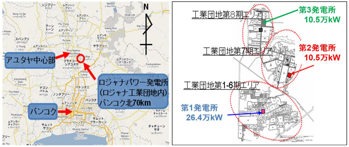 図　ロジャナ工業団地の位置（左）と、工業団地内の3基の発電設備の位置（右）