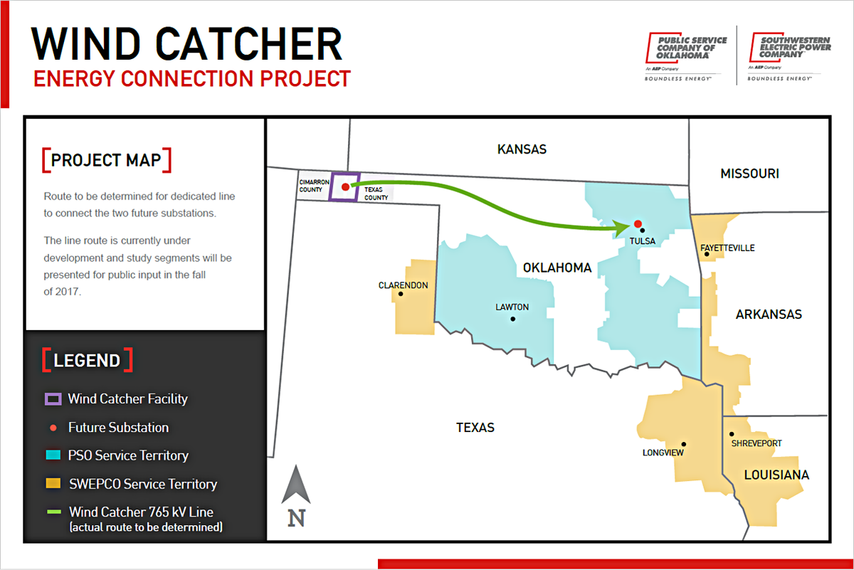 図　「The Wind Catcher」はオクラホマ州の端に建設し、そこから電力需要がある地域まで超高圧送電線を引く