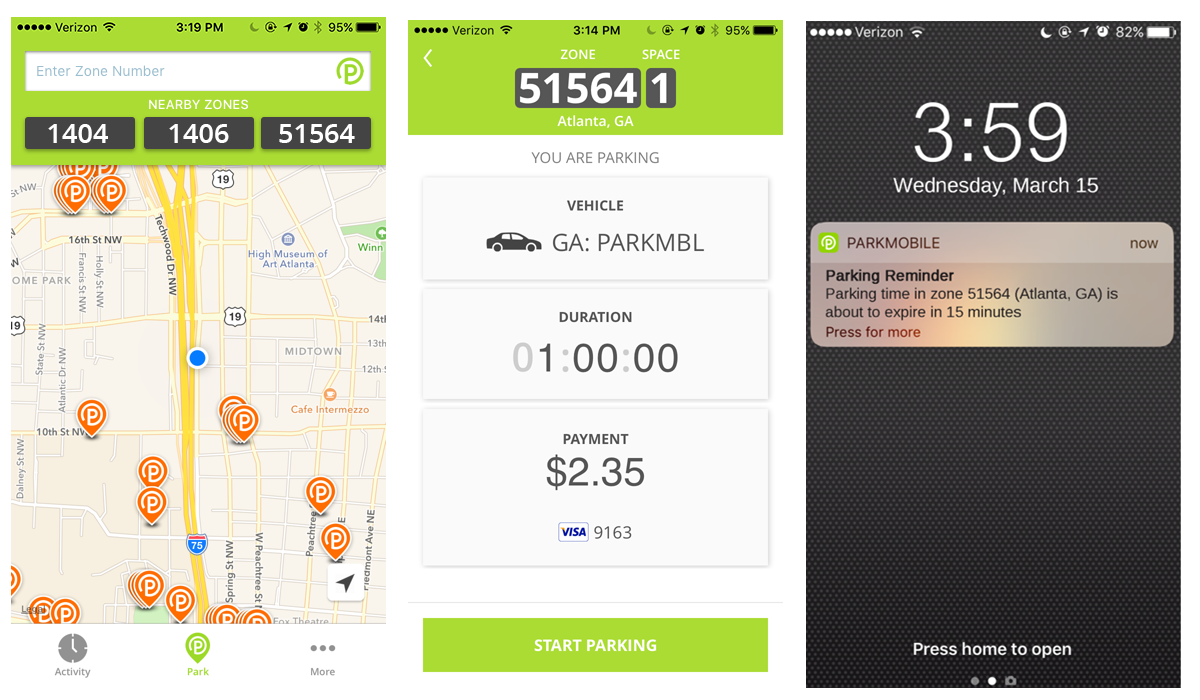 図　Parkmobileが提供するスマートフォンの専用アプリ。希望の駐車場を指定し（左）、利用時間などを指定すれば決済が済む（中）。利用時間終了が近づくと、スマートフォンにプッシュ通知が届く（右）