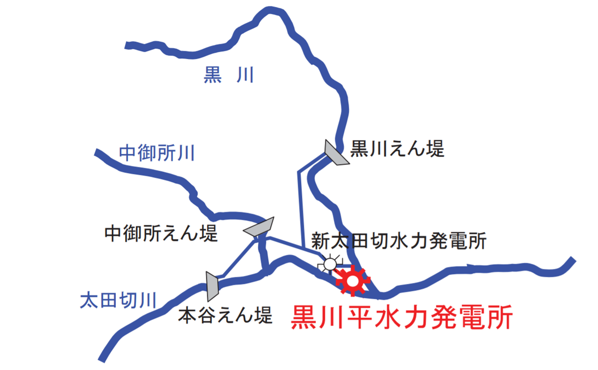 図　黒川平水力発電所の建設予定地。新大田切水力発電所の放流水を利用する