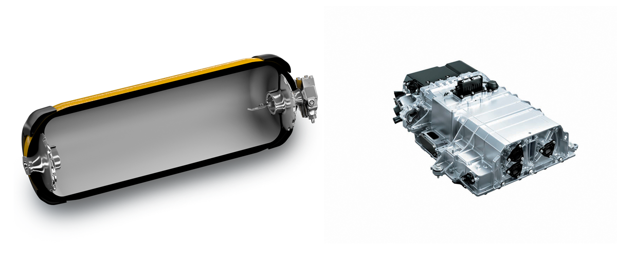 図　高圧水素タンクのカットモデル（左）と燃料電池スタック（右）