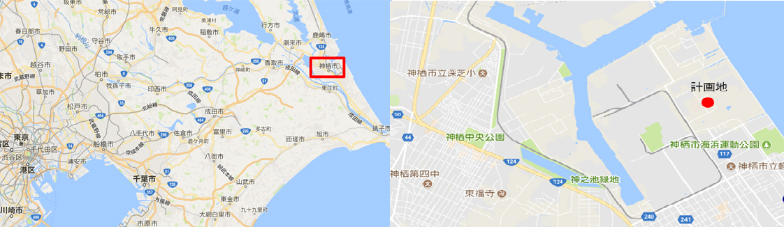 図　神栖市の位置（左）と、「大林神栖バイオマス発電所」の建設予定地の拡大図（右）