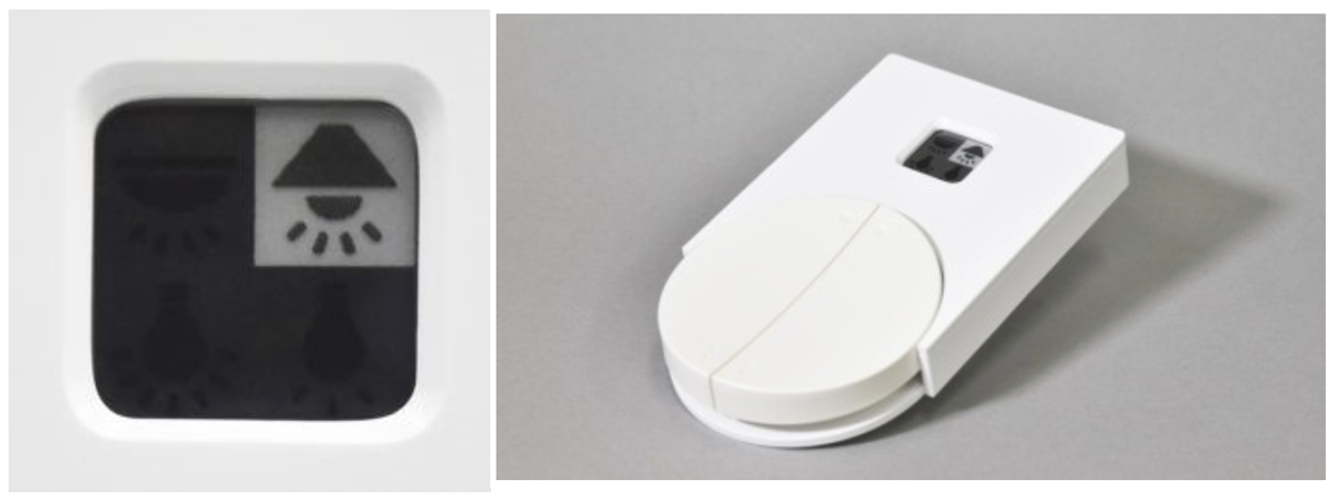 図　環境発電による電力で電子ペーパーにアイコンを表示したところ（左）と、凸版印刷が開発した電子ペーパーをEnOcean対応の無線スイッチに組み込んだ試作品（右）