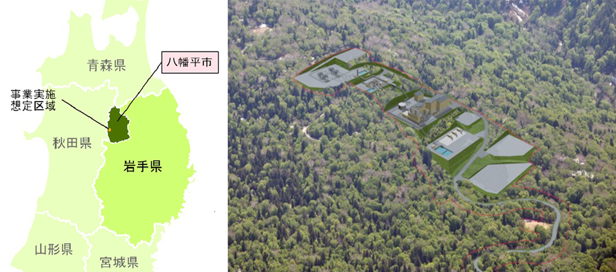 図　事業実施区域の位置（左）と地熱発電所の完成予想図（右）