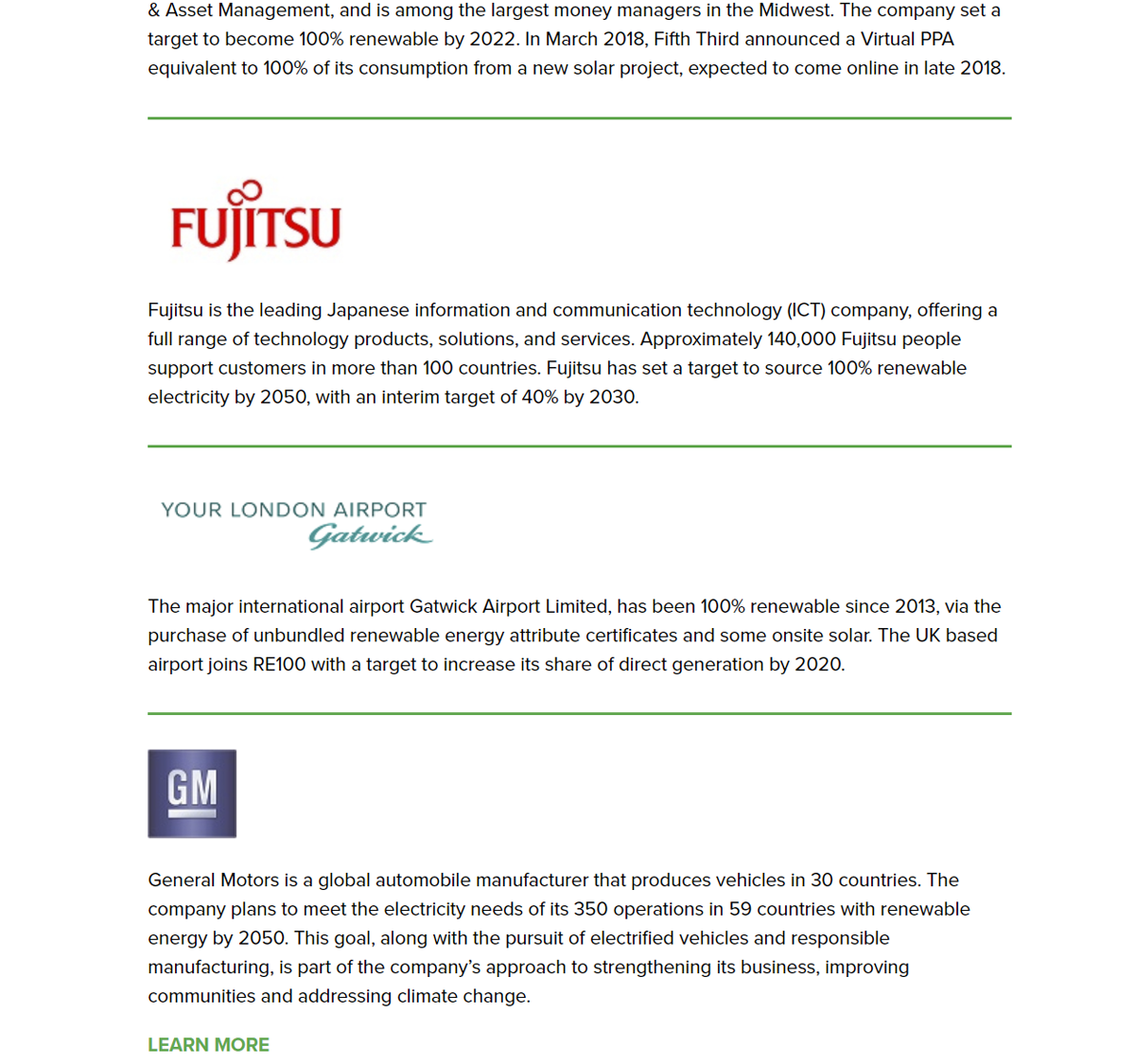 図　RE100のWebサイトを見ると、富士通の社名と目標が載っている